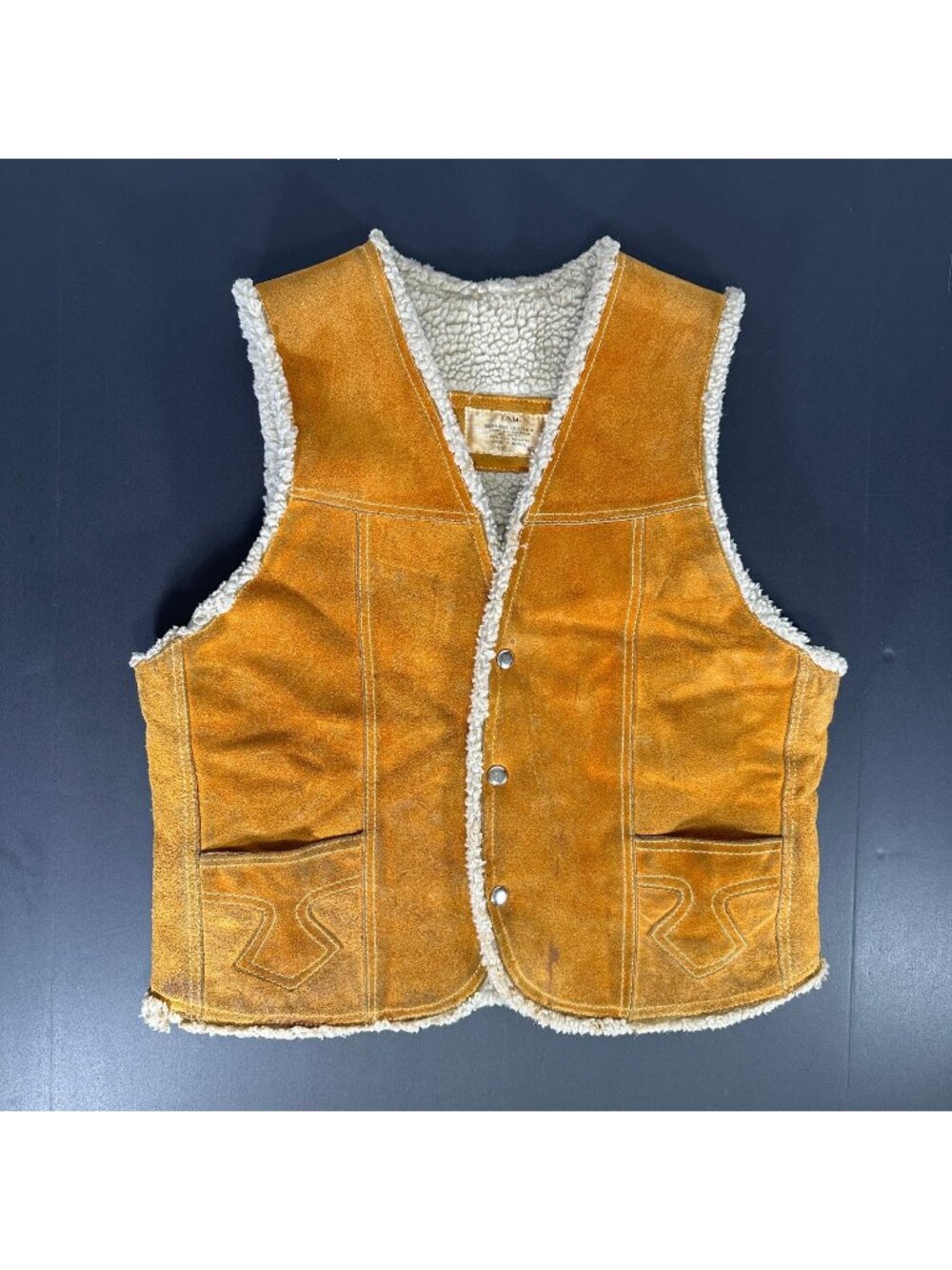 Vintage IDM Suede Genuine Leather Western Vest Faux Sherpa Lining Mens 40